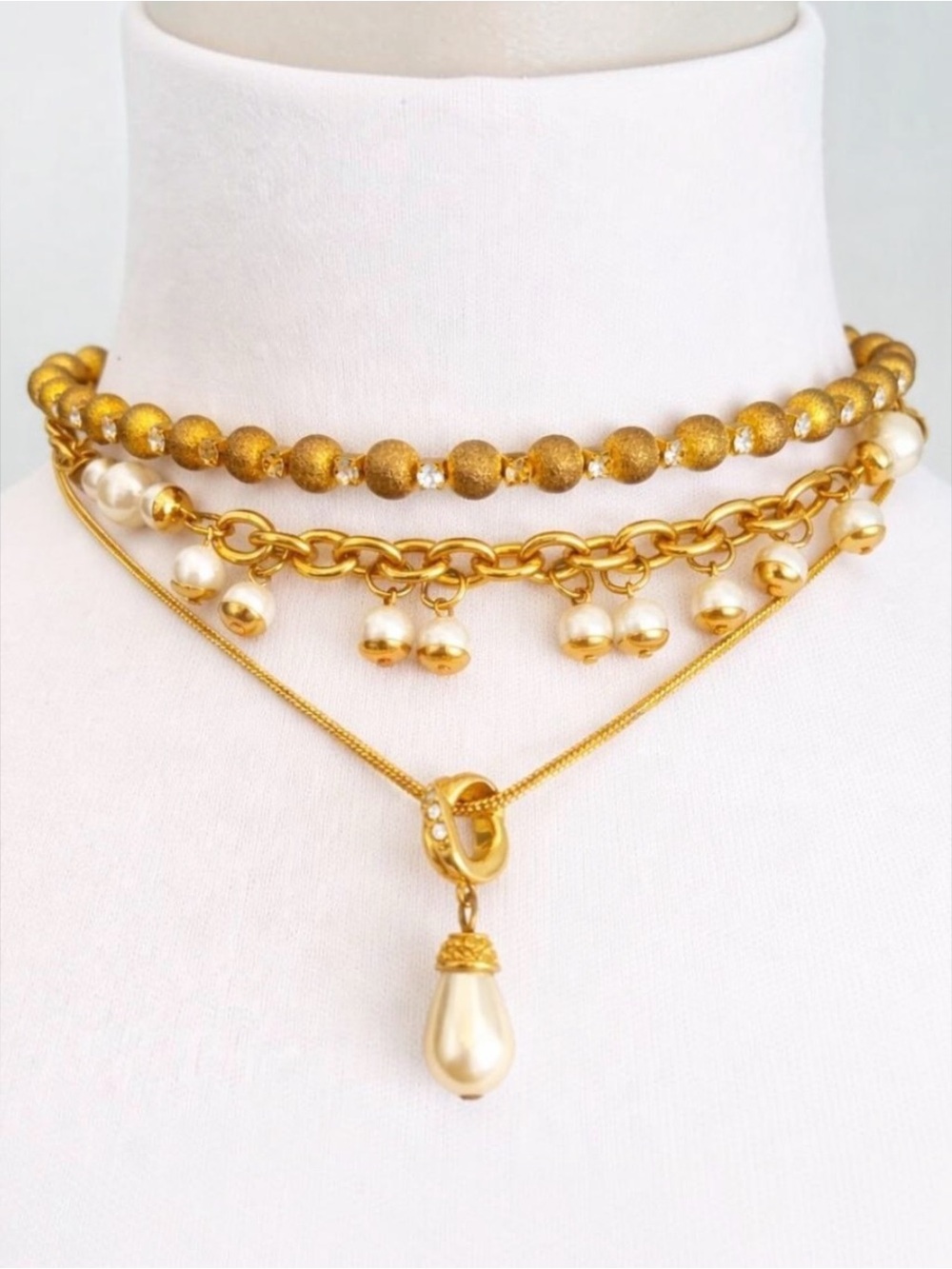 Layered Gold Pearl Statement Necklace Featuring Choker Chain & Pendant - 3 Piece